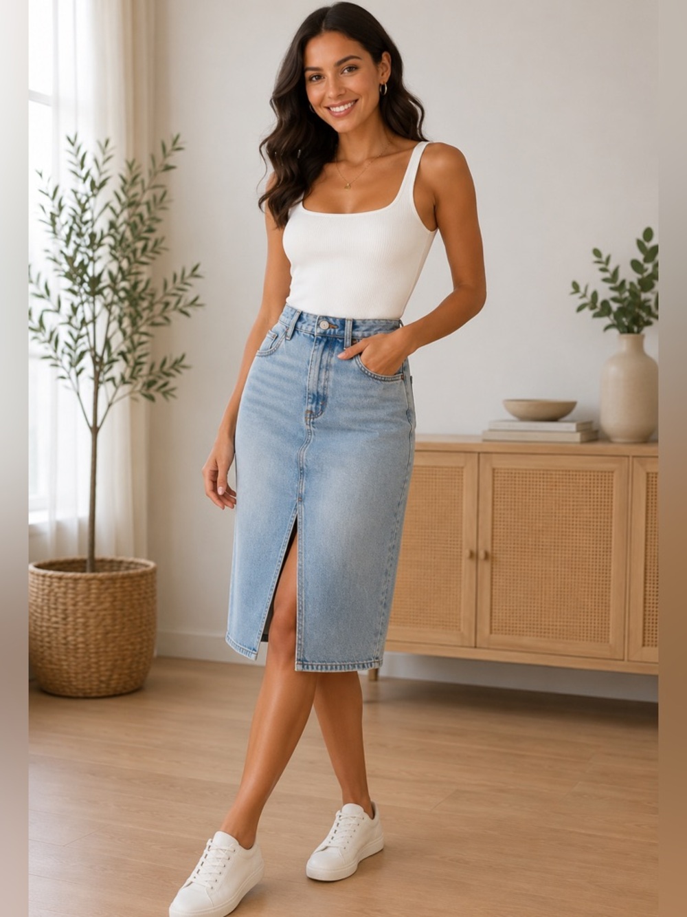 NWT Abercrombie Blue Denim Front-Slit Midi Skirt